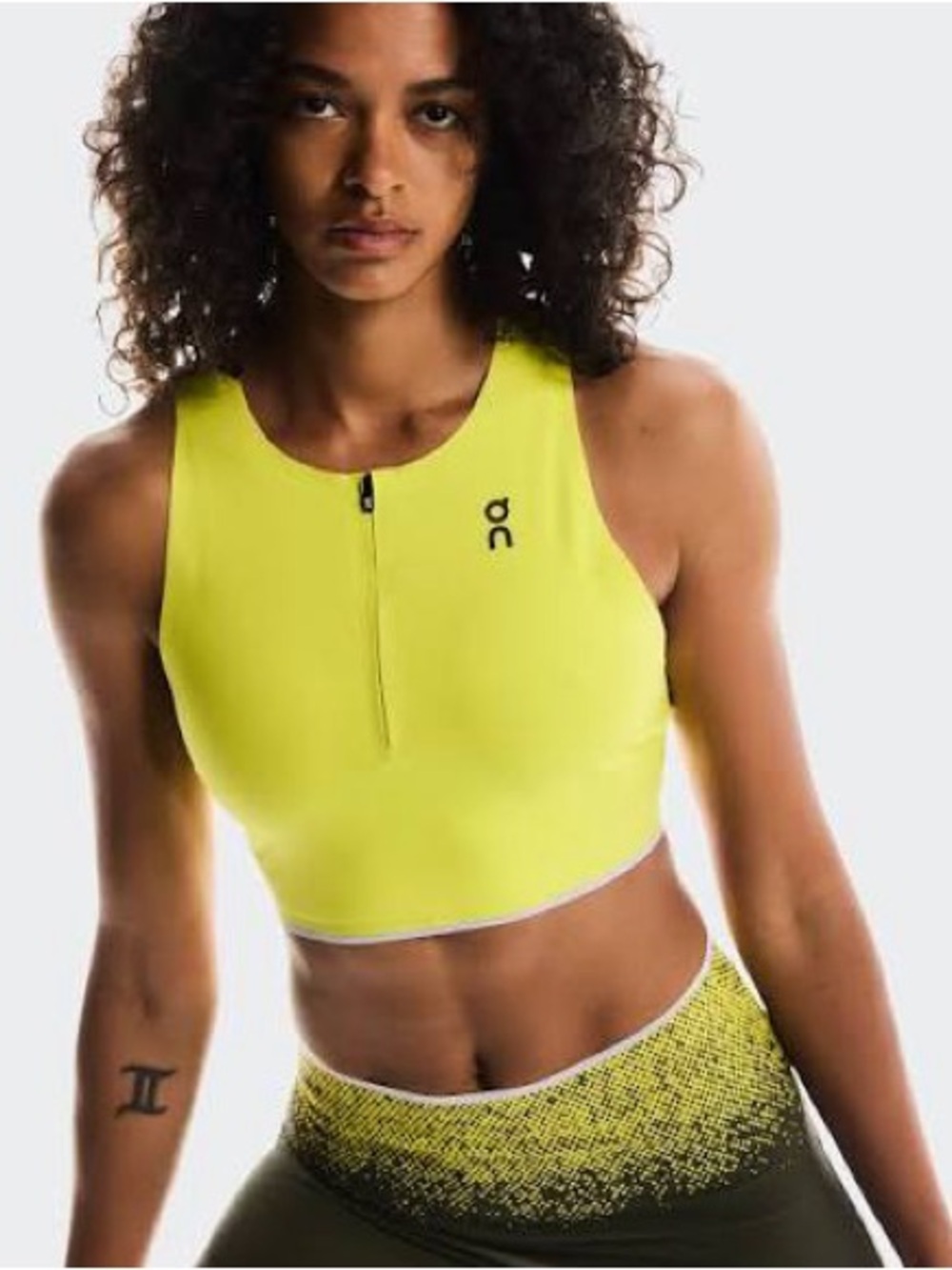 On Running Race Crop Bra Top Neon Yellow Lime Zip Front M